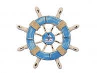 Rustic Light Blue and White Decorative Ship Wheel With Sailboat 6
