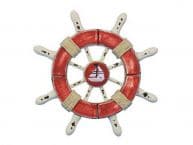 Rustic Red and White Decorative Ship Wheel With Sailboat 6