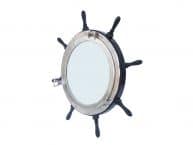 Deluxe Class Wood and Brushed Nickel Ship Wheel Porthole Mirror 36