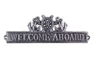 Antique Silver Cast Iron Welcome Aboard Sign with Ship Wheel and Anchors 9