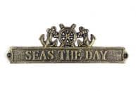 Antique Gold Cast Iron Seas the Day Sign with Ship Wheel and Anchors 9