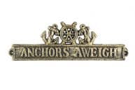 Antique Gold Cast Iron Anchors Aweigh Sign with Ship Wheel and Anchors 9