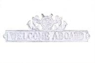 Whitewashed Cast Iron Welcome Aboard Sign with Ship Wheel and Anchors 9