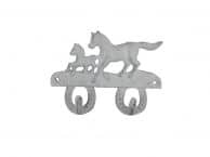 Whitewashed Cast Iron Running Horses with Decorative Metal Horseshoe Wall Hooks 5.5
