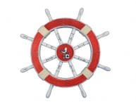 Rustic Red Decorative Ship Wheel with Seagull and Lifering 18