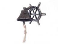 Antique Silver Cast Iron Hanging Ship Wheel Bell 7