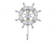 Rustic All White Decorative Ship Wheel with Sailboat and Hook 8