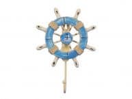 Rustic Light Blue and White Decorative Ship Wheel with Sailboat and Hook 8