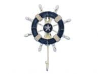 Rustic Dark Blue and White Decorative Ship Wheel With Starfish and Hook 8