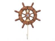 Rustic Wood Finish Decorative Ship Wheel with Starfish and Hook 8