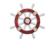 Rustic Red And White Decorative Ship Wheel With Seashell 12