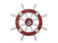 Rustic Red And White Decorative Ship Wheel With Sailboat 12