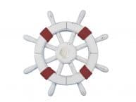 Rustic White Decorative Ship Wheel with Red Rope and Seashell 12