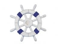 Rustic White Decorative Ship Wheel with Dark Blue Rope and Shell 12