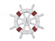 Rustic White Decorative Ship Wheel with Red Rope and sailboat 12