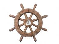 Rustic Wood Finish Decorative Ship Wheel With Sailboat 12