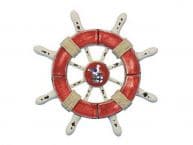 Rustic Red and White Decorative Ship Wheel With Seagull 6
